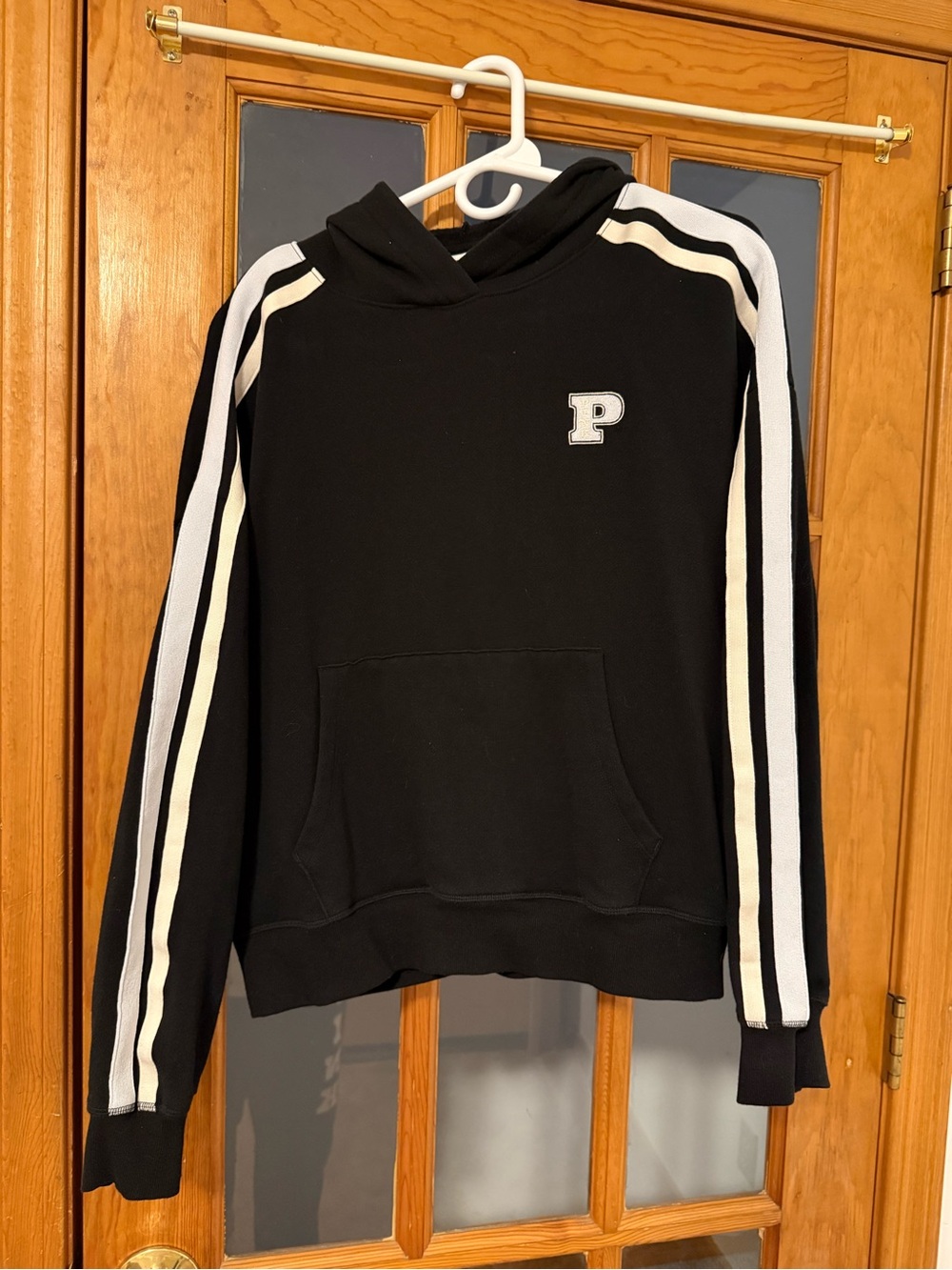 PINK Victoria's Secret Black Crewneck Hoodie with White Stripes and 'P' Patch